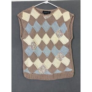 Vintage Hand Knit Granny Square Sweater Vest Womens M Ramie Cotton Pink Blue Tan